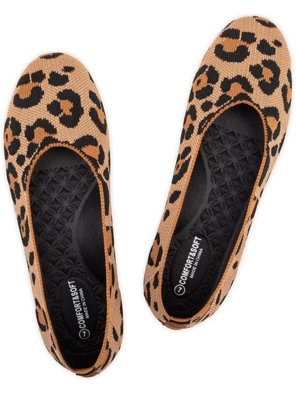 Women's Leopard Orange Round Toe Low Wedge Slip On Ballerina Ballet Flat Shoes